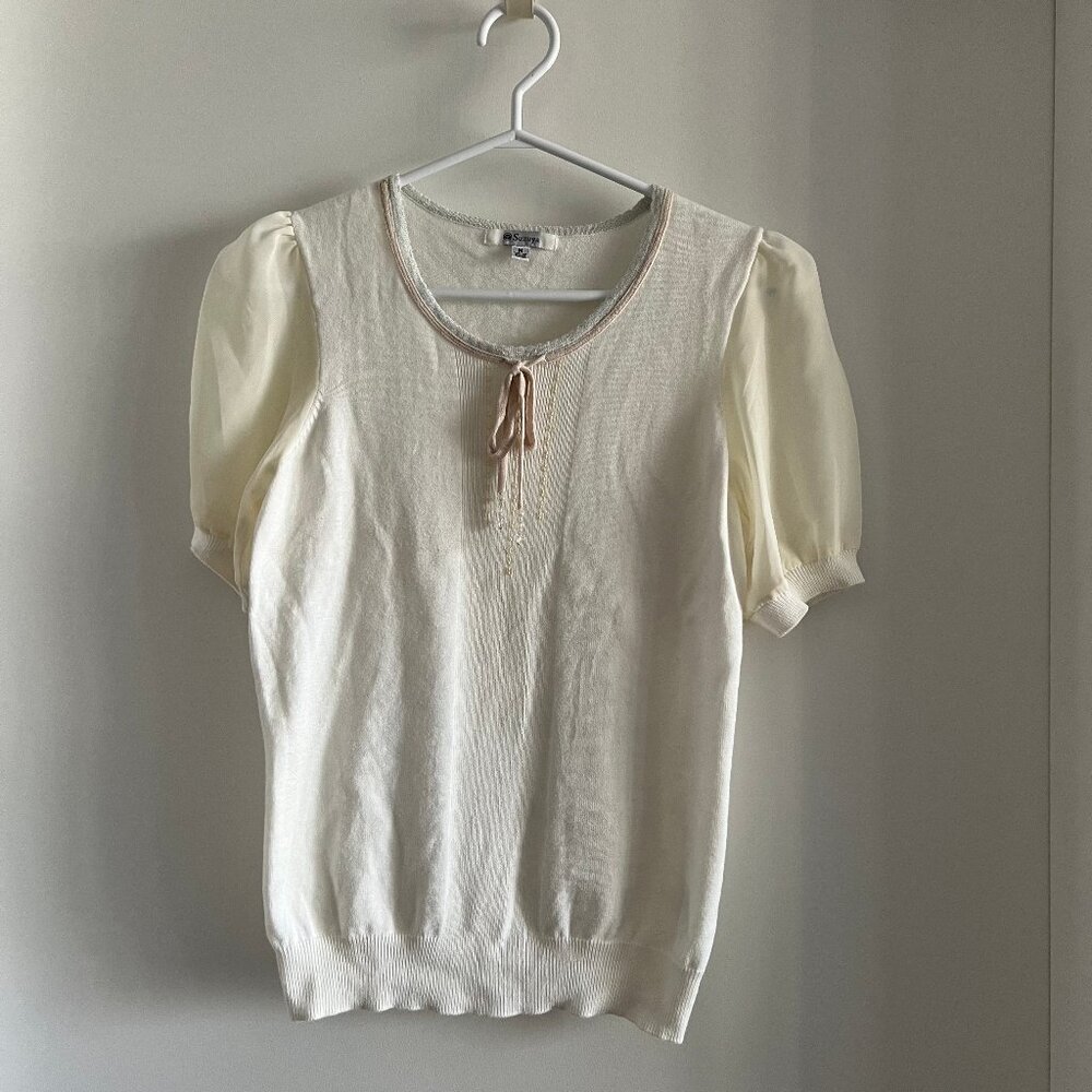 (2for$10) Suzuya Japanese Brand Puff Sleeve Knit Top | Cream | Ribbon Bow